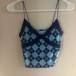 Blue Plaid Lace Crop Tank Top Size XS